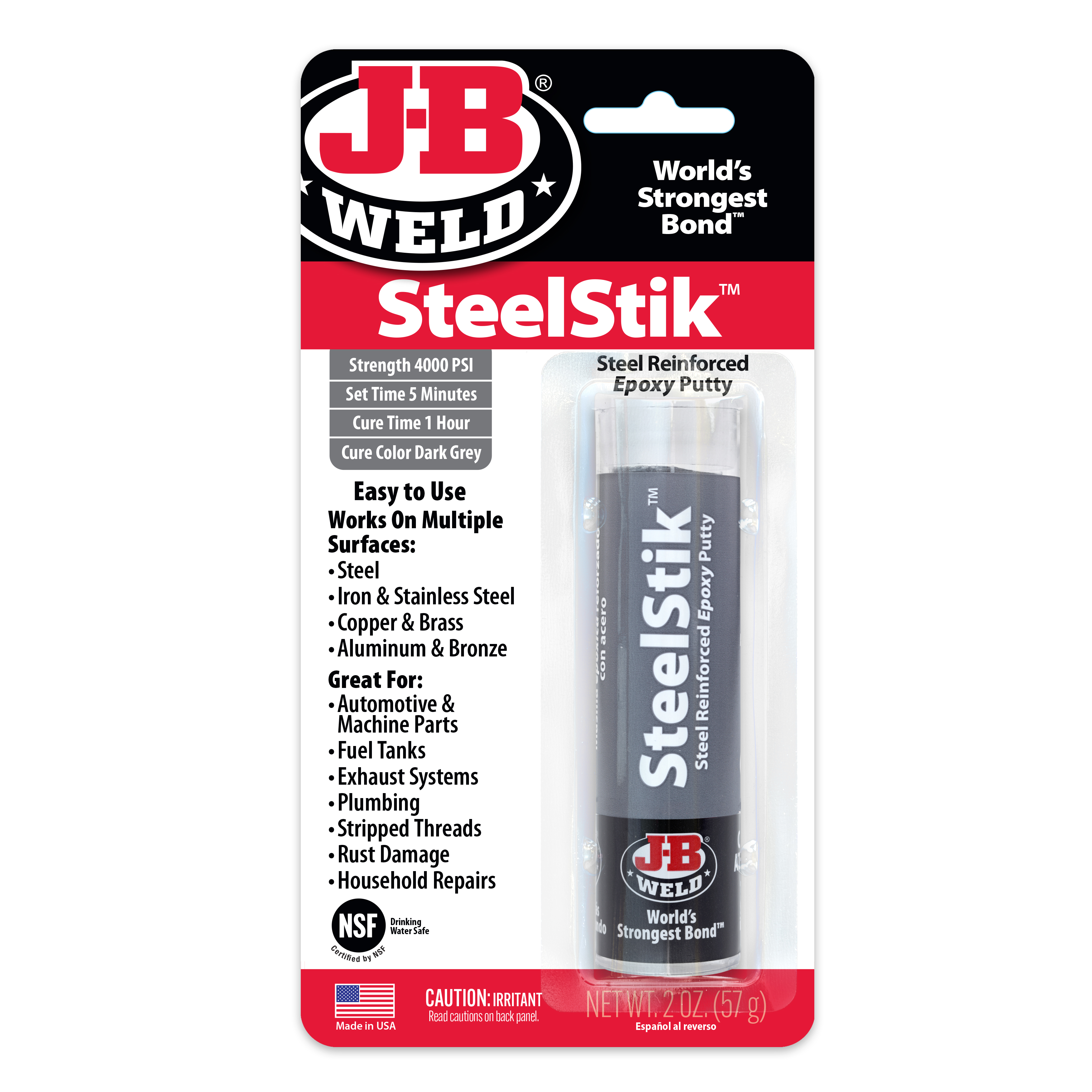 J-B Weld, SteelStik Epoxy Putty, 2 oz, Gray for Metal Repair